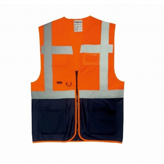 Emniyet İkaz Yeleği Cepli Yönetici Tipi CE Belgeli Turuncu Lacivert XL