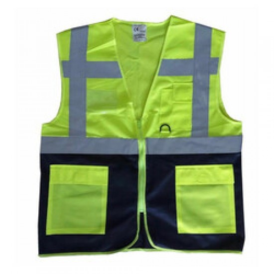 Emniyet İkaz Yeleği Cepli Yönetici Tipi CE Belgeli Sarı Lacivert L